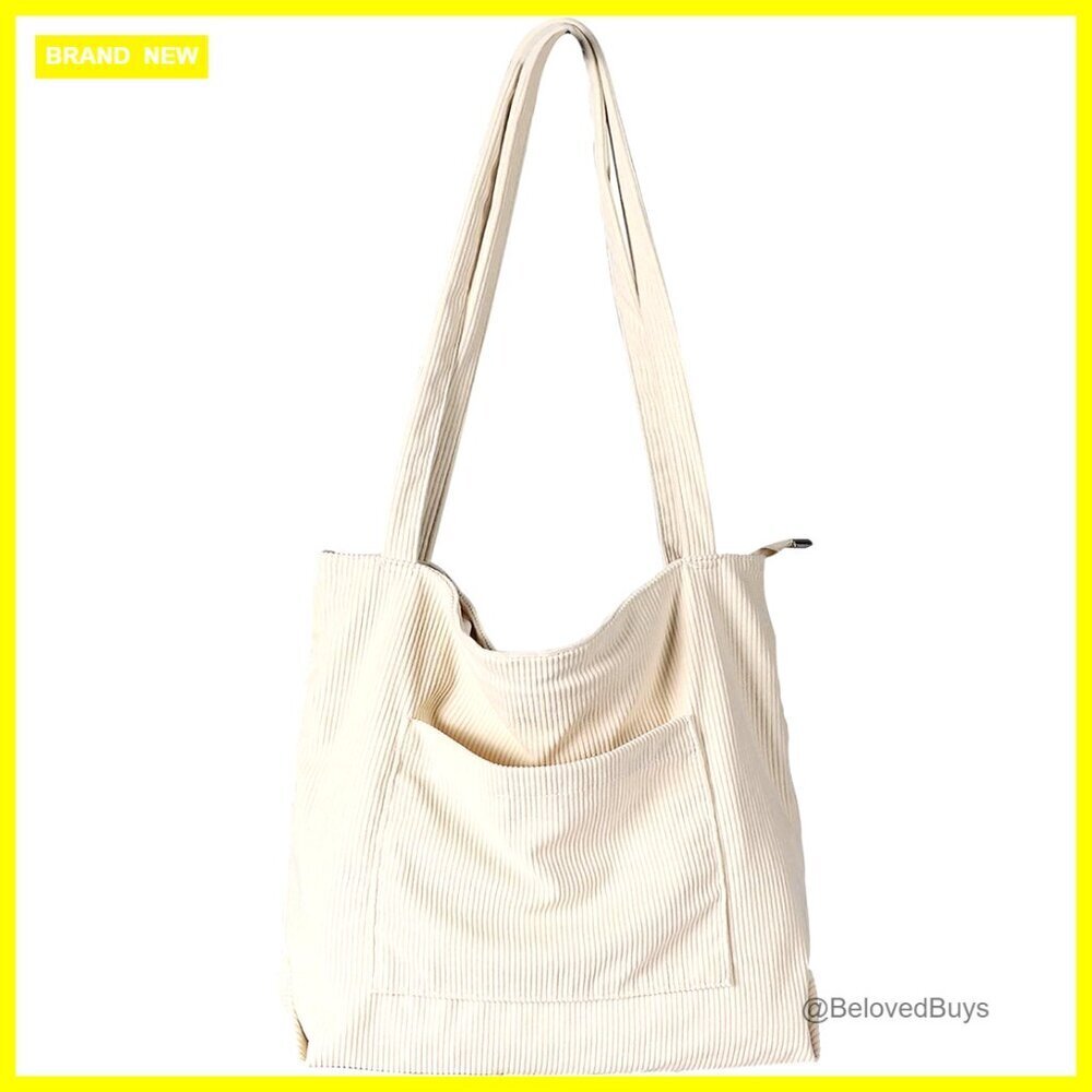 Large Corduroy Tote Bag with Zipper Pocket, Multi-Pocket Hobo Shoulder Bag